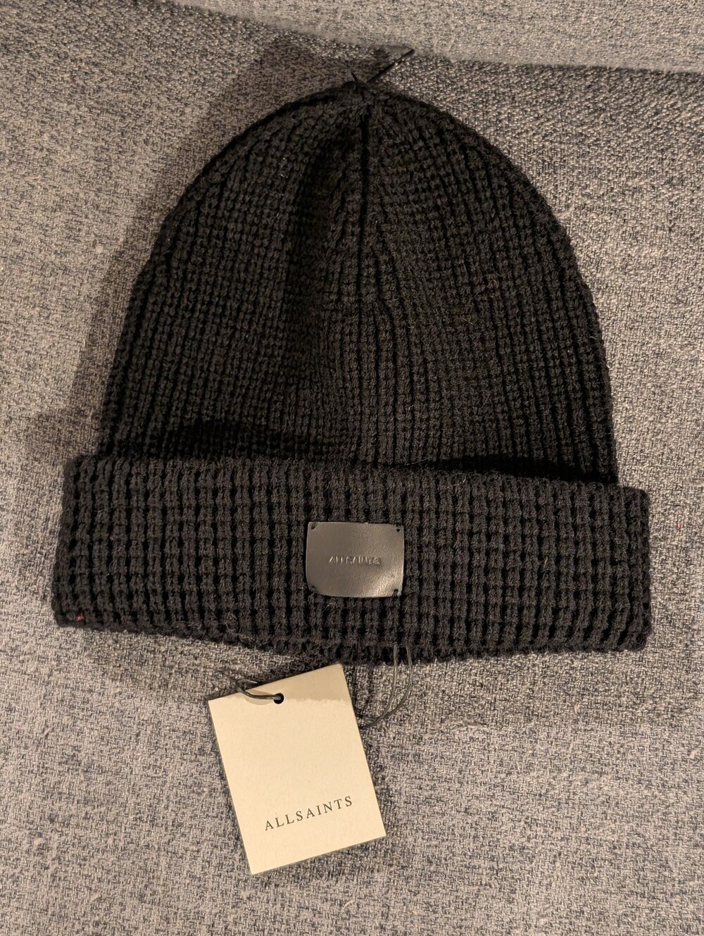 All Saints Black Waffle Knit Cuffed Beanie